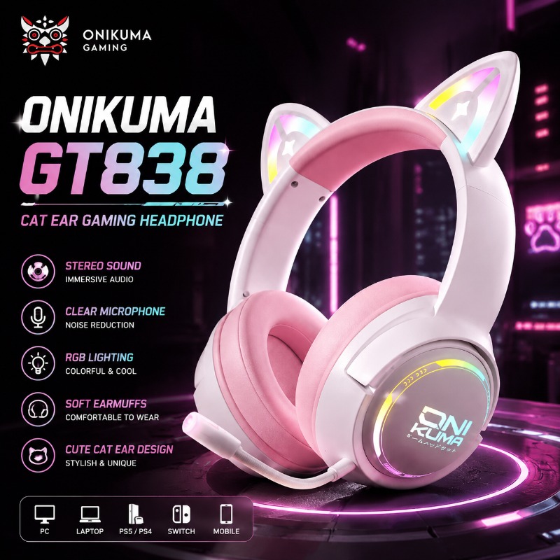Gaming Console Apple - ONIKUMA GT838 Gaming-Headset mit Katzenohren, RGB-Kopfhörer,